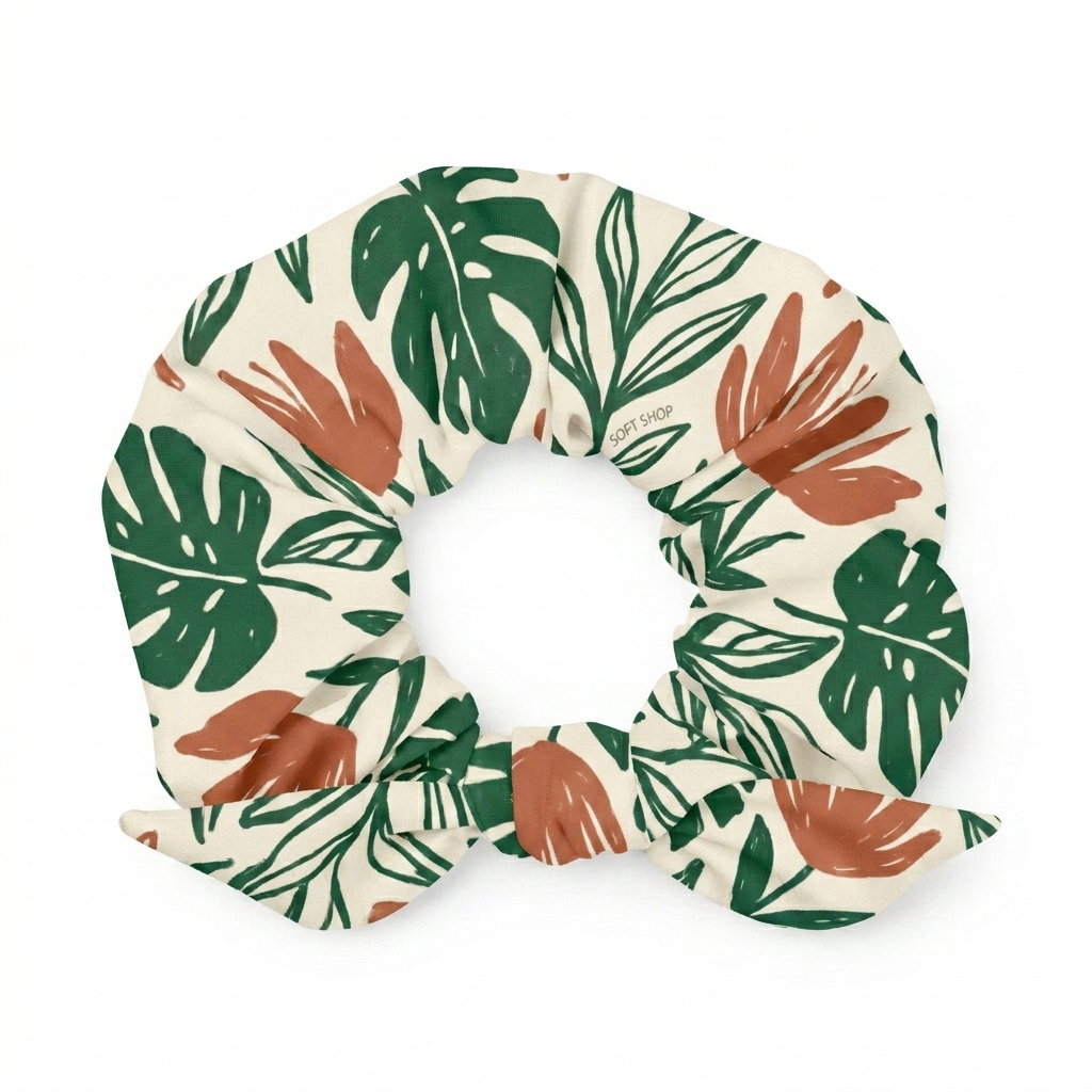Custom All-Over Print Recycled Scrunchie design direction 2: Bold Botanical Illustration featuring the SOFT SHOP wordmark