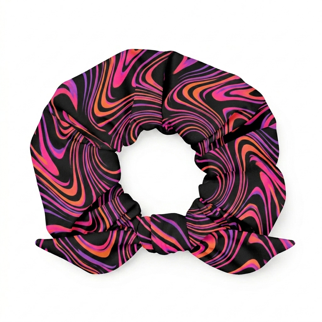 Custom All-Over Print Recycled Scrunchie design direction 3: Psychedelic Gradient Swirl featuring the ISSUE 03 wordmark