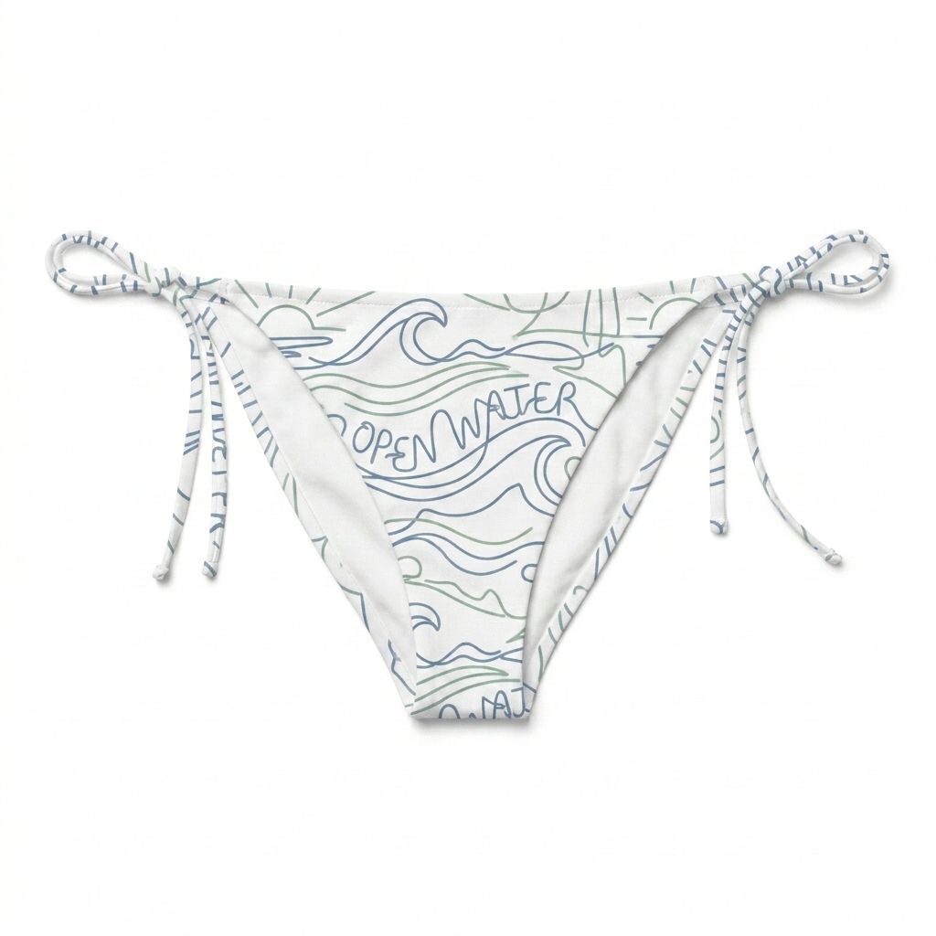 Custom All-Over Print Recycled String Bikini Bottom design direction 1: Abstract Coastal featuring the OPEN WATER wordmark
