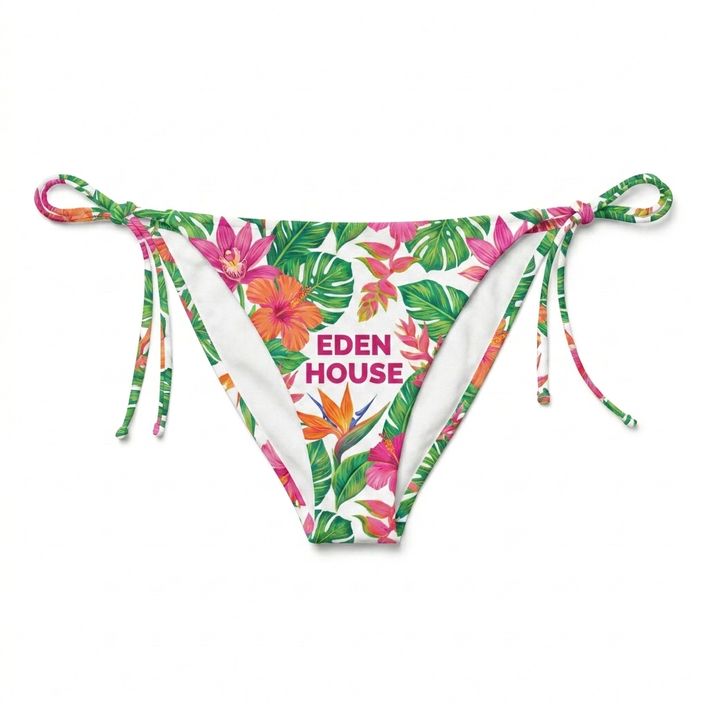 Custom All-Over Print Recycled String Bikini Bottom design direction 2: Tropical Bloom featuring the EDEN HOUSE wordmark