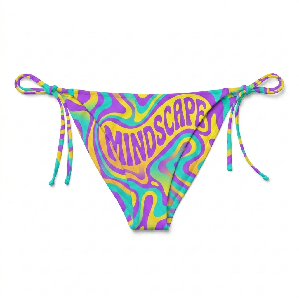 Custom All-Over Print Recycled String Bikini Bottom design direction 3: Psychedelic Swirl featuring the MINDSCAPE wordmark