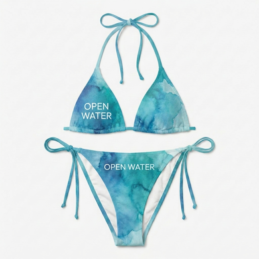 Custom All-Over Print Recycled String Bikini design direction 1: Abstract Coastal Gradient featuring the OPEN WATER wordmark