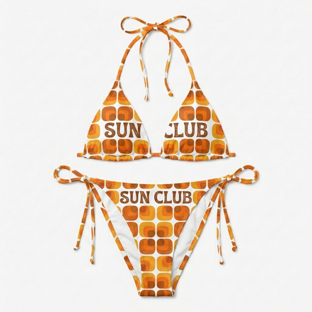 Custom All-Over Print Recycled String Bikini design direction 2: Retro Geometric Pattern featuring the SUN CLUB wordmark