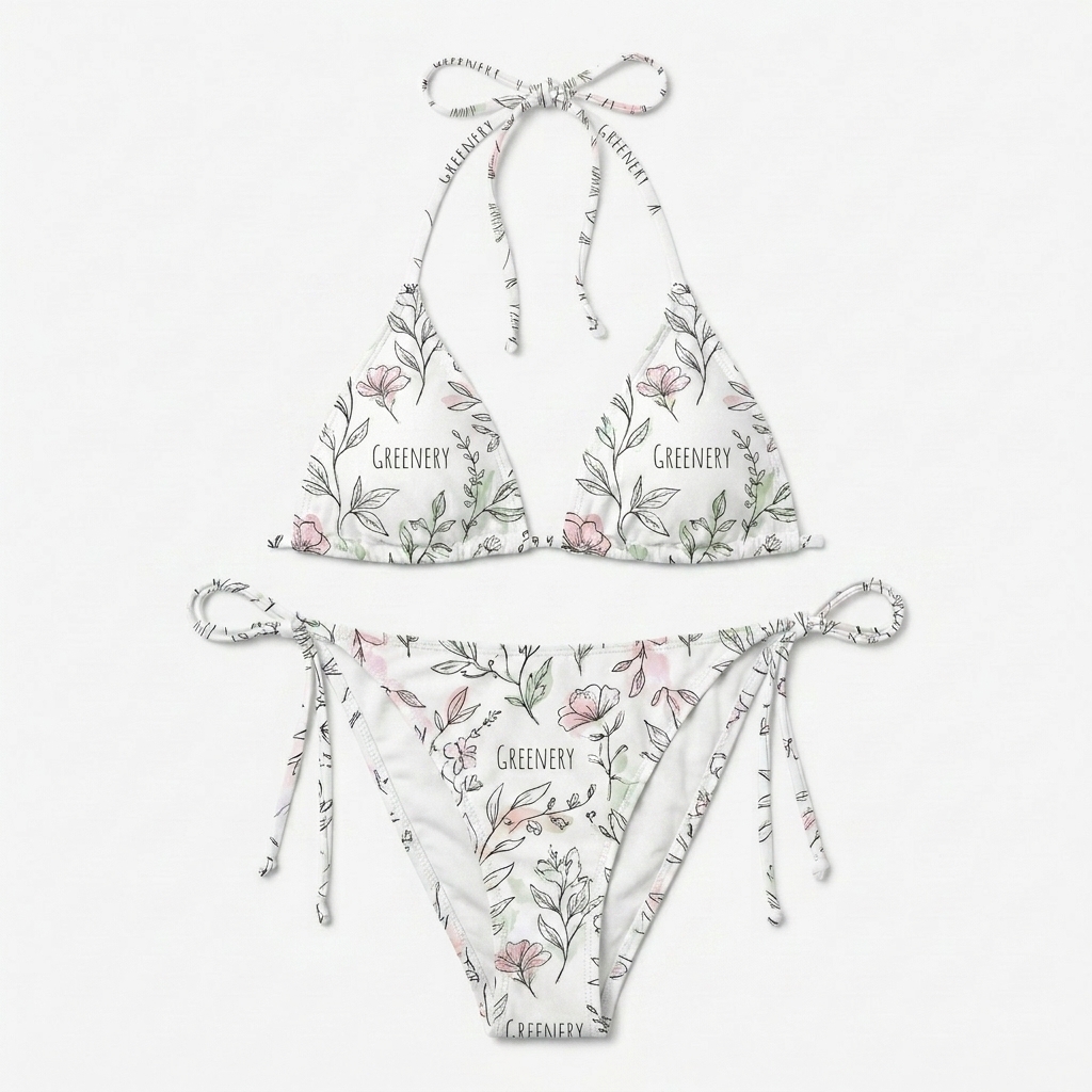 Custom All-Over Print Recycled String Bikini design direction 3: Botanical Sketch featuring the GREENERY wordmark