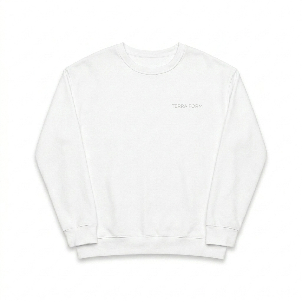 Custom All-Over Print Recycled Sweatshirt design direction 1: Abstract Topography featuring the TERRA FORM wordmark