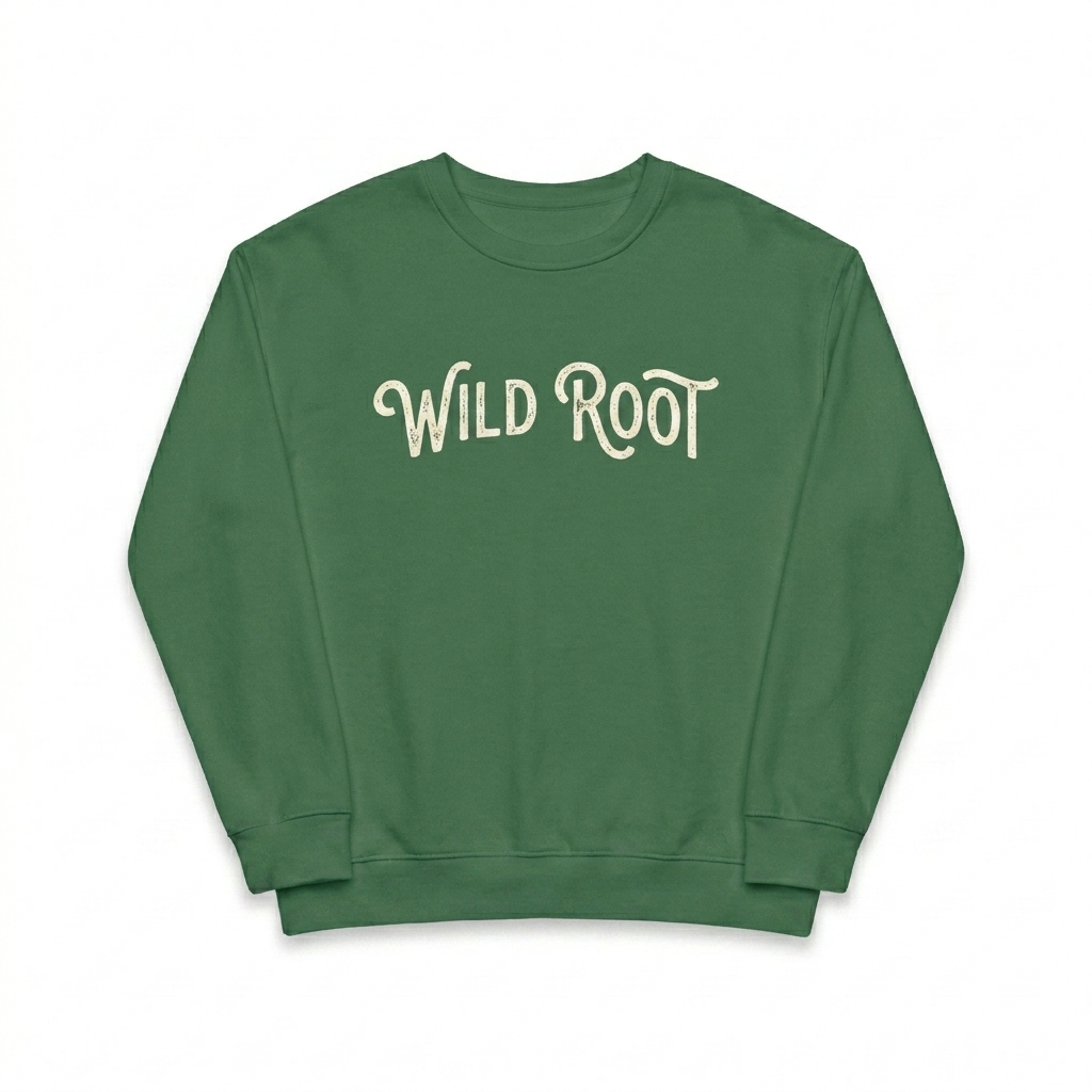 Custom All-Over Print Recycled Sweatshirt design direction 3: Botanical Sketch Pattern featuring the WILD ROOT wordmark