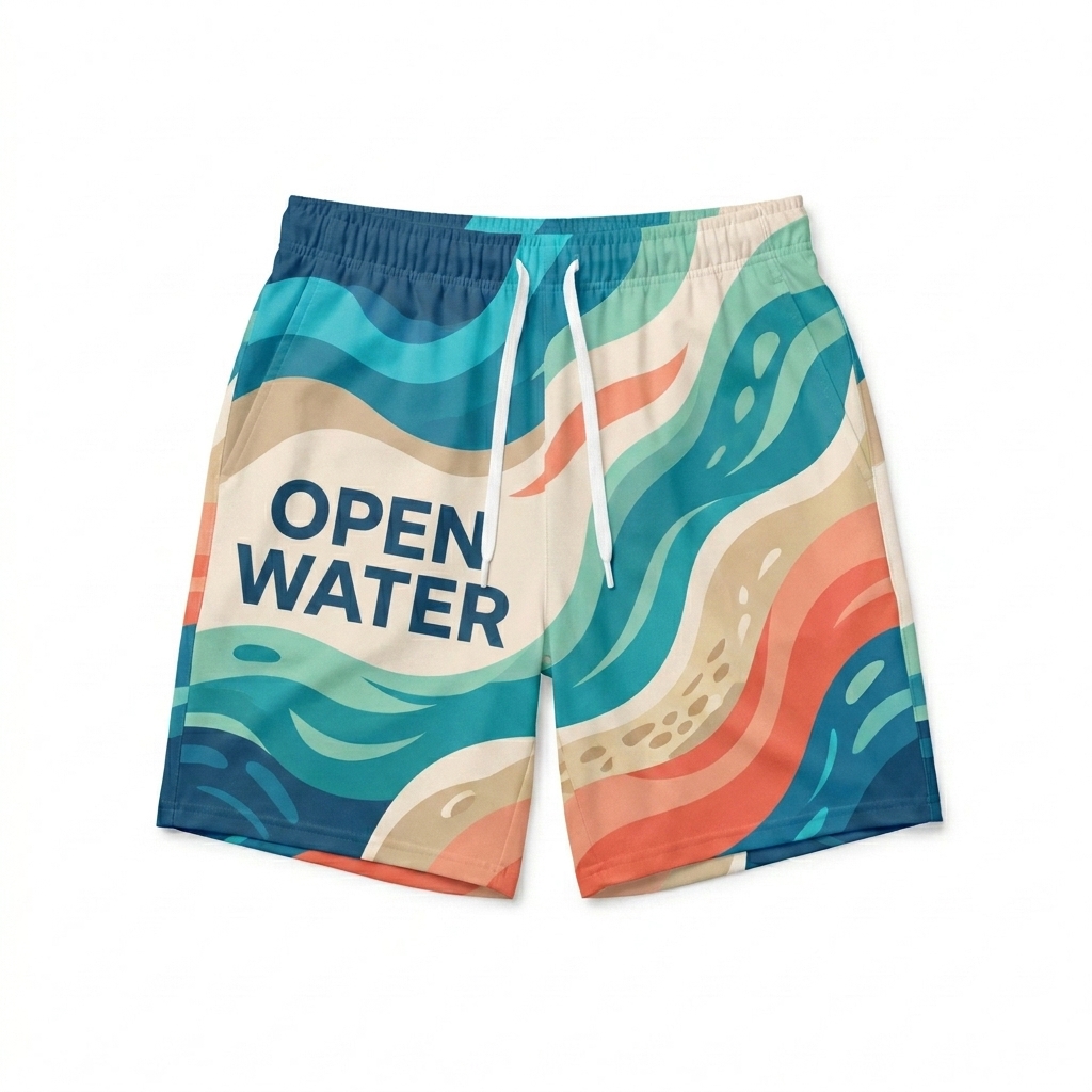 Custom All-Over Print Recycled Swim Trunks design direction 1: Abstract Coastal Pattern featuring the OPEN WATER wordmark