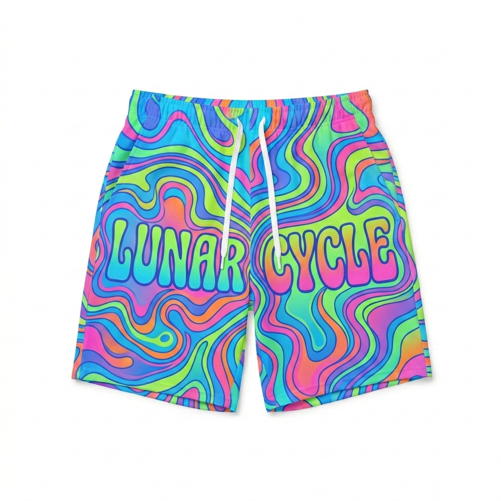 Custom All-Over Print Recycled Swim Trunks design direction 2: Retro Gradient Swirl featuring the LUNAR CYCLE wordmark