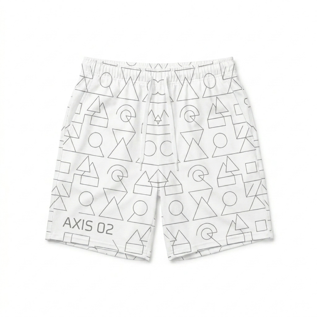 Custom All-Over Print Recycled Swim Trunks design direction 3: Geometric Line Art featuring the AXIS 02 wordmark