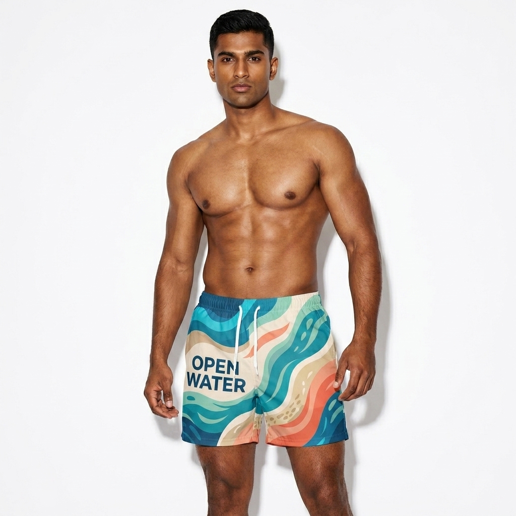 All-Over Print Recycled Swim Trunks worn by a toned South Asian male fashion influencer, gorpcore outdoor styling, studio lookbook — custom all-over print recycled swim trunks