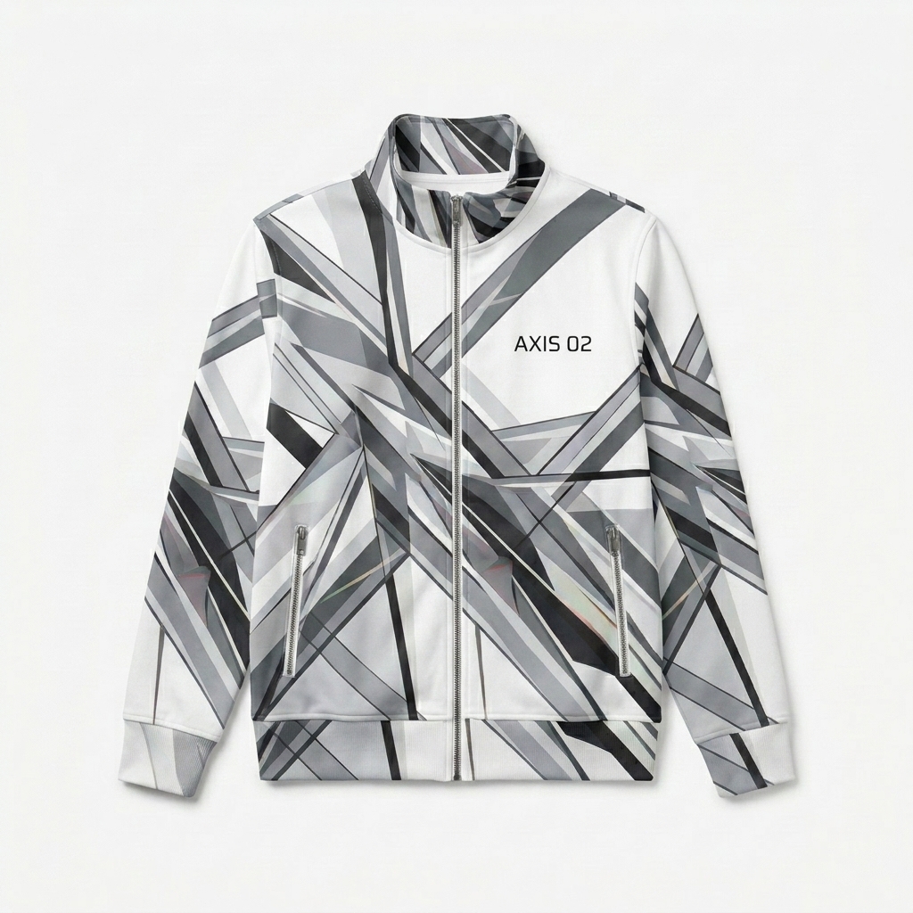 Custom All-Over Print Recycled Track Jacket design direction 1: Abstract Geometric Flow featuring the AXIS 02 wordmark