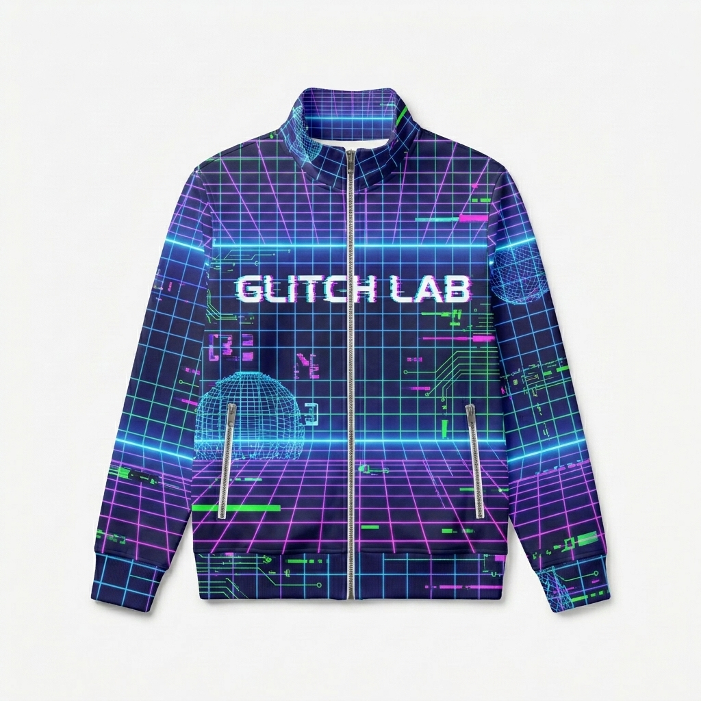 Custom All-Over Print Recycled Track Jacket design direction 2: Retro Tech Grid featuring the GLITCH LAB wordmark