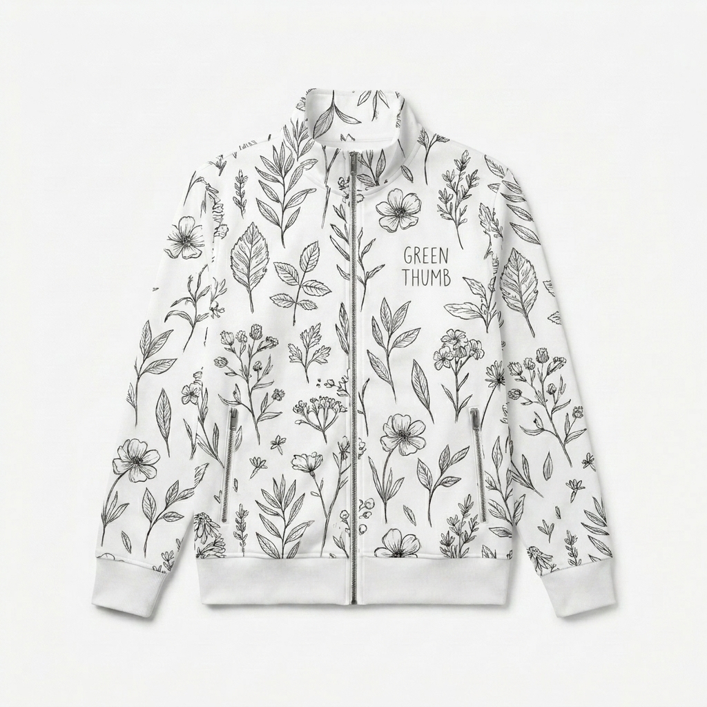 Custom All-Over Print Recycled Track Jacket design direction 3: Botanical Sketch featuring the GREEN THUMB wordmark
