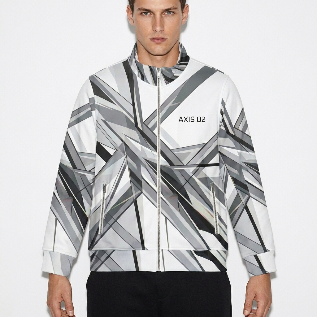 All-Over Print Recycled Track Jacket worn by a toned White American male fashion influencer, gorpcore outdoor styling, studio lookbook — custom all-over print recycled track jacket