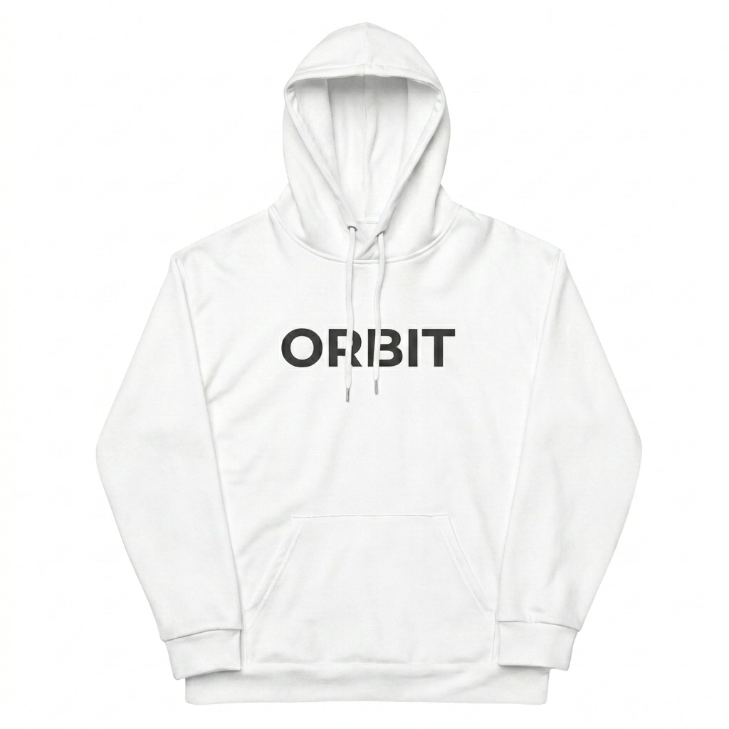 Custom All-Over Print Recycled Unisex Hoodie design direction 1: Abstract Topography featuring the ORBIT wordmark
