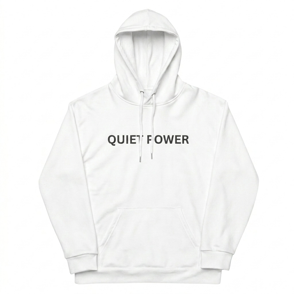 Custom All-Over Print Recycled Unisex Hoodie design direction 2: Repeating Wordmark Grid featuring the QUIET POWER wordmark