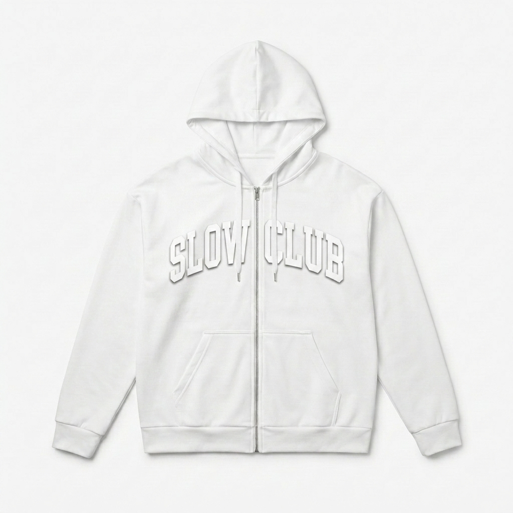 Custom All-Over Print Recycled Zip Hoodie design direction 1: Varsity Spirit featuring the SLOW CLUB wordmark