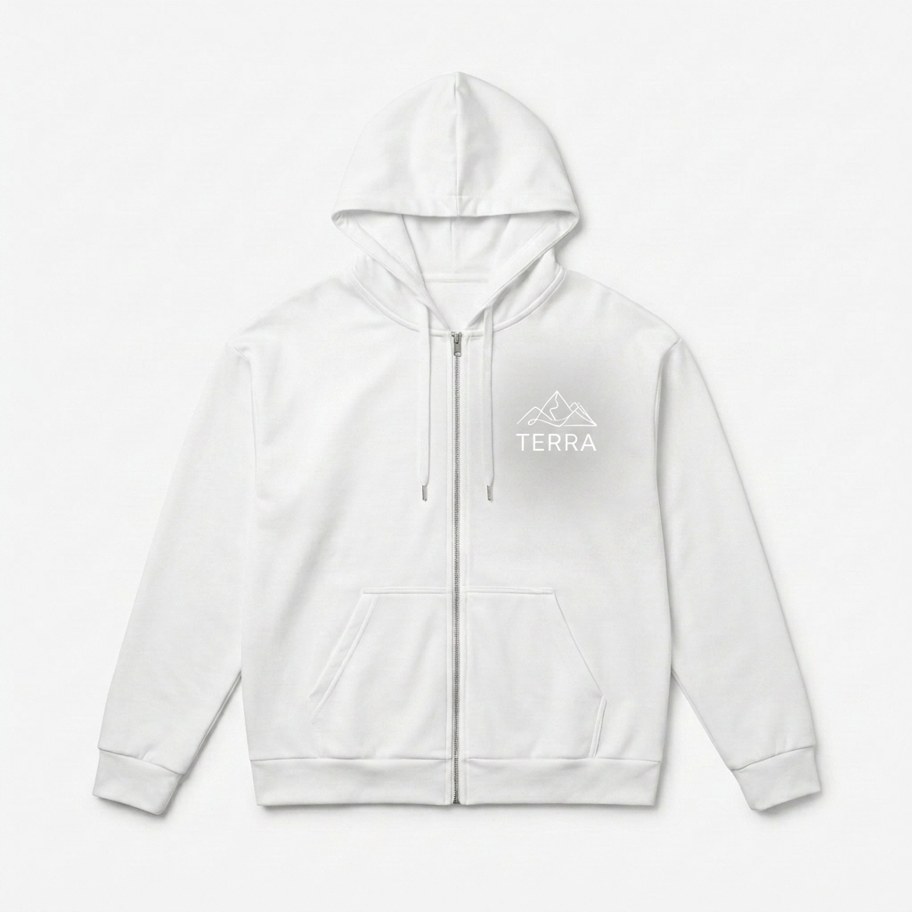 Custom All-Over Print Recycled Zip Hoodie design direction 2: Abstract Landscape featuring the TERRA wordmark