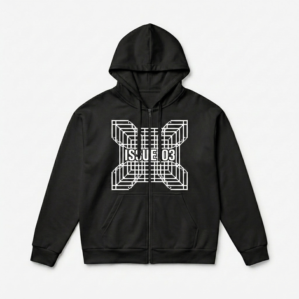 Custom All-Over Print Recycled Zip Hoodie design direction 3: Pixel Grid featuring the ISSUE 03 wordmark