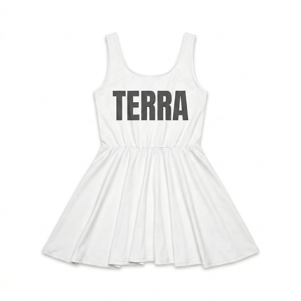 Custom All-Over Print Skater Dress design direction 1: Abstract Botanical featuring the TERRA wordmark