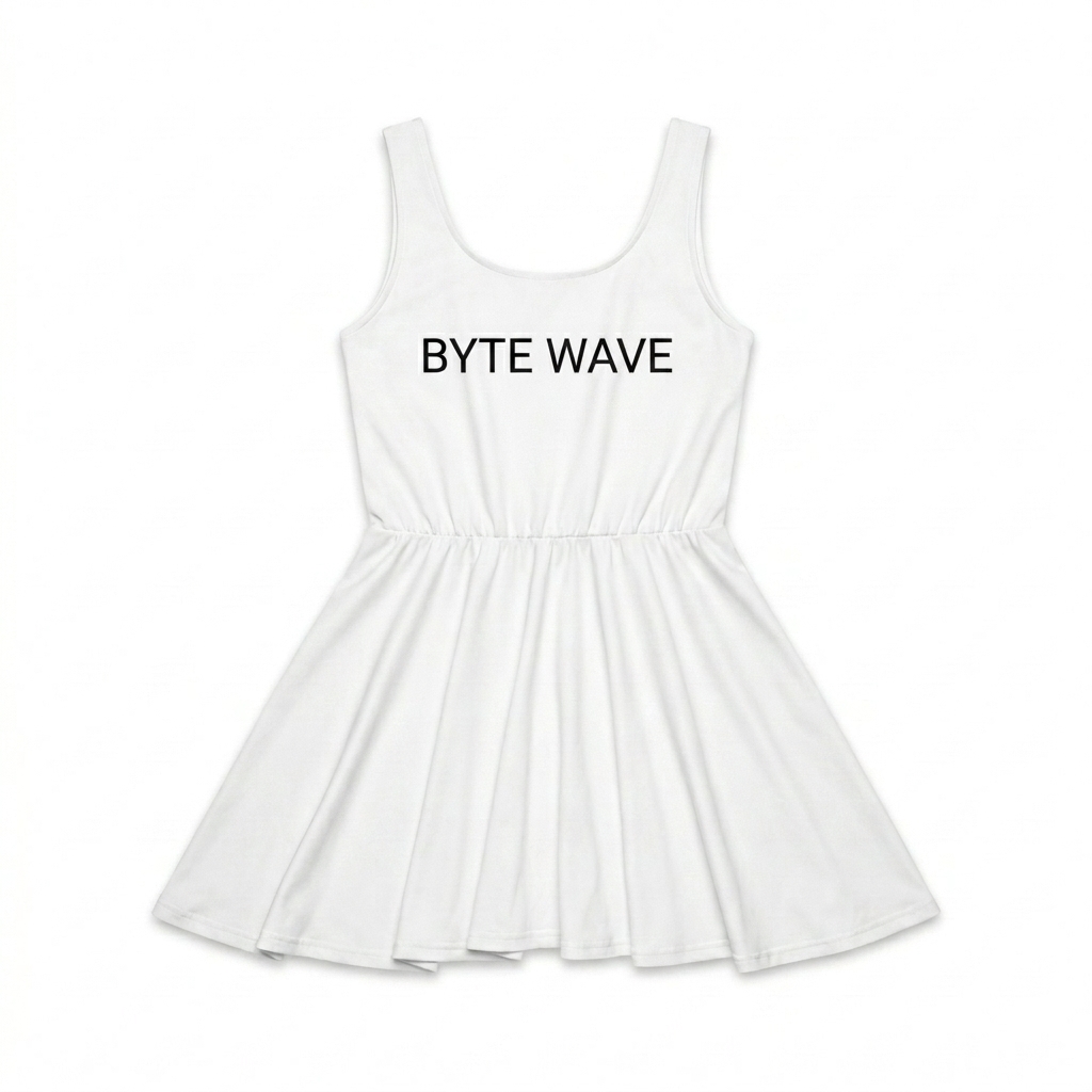 Custom All-Over Print Skater Dress design direction 2: Retro Tech Grid featuring the BYTE WAVE wordmark