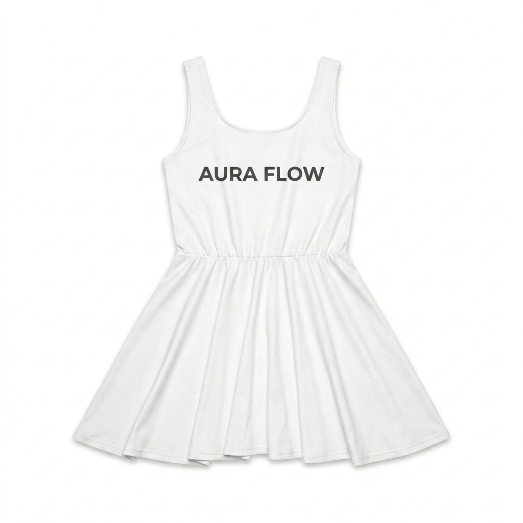 Custom All-Over Print Skater Dress design direction 3: Generative Flow featuring the AURA FLOW wordmark