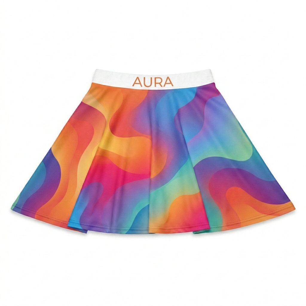 Custom All-Over Print Skater Skirt design direction 1: Abstract Gradient Flow featuring the AURA wordmark