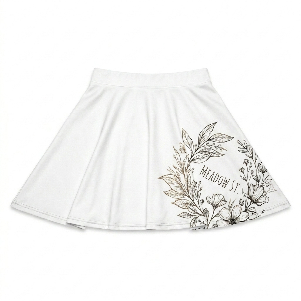 Custom All-Over Print Skater Skirt design direction 3: Botanical Sketch Vignette featuring the MEADOW ST. wordmark