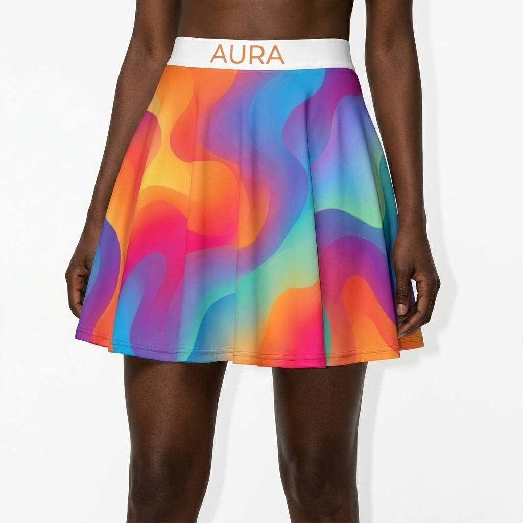 All-Over Print Skater Skirt worn by a slim tall East African female fashion influencer, clean-girl minimal styling, studio lookbook — custom all-over print skater skirt