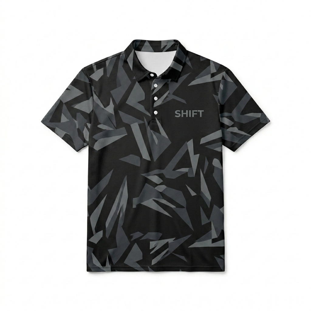 Custom All-Over Print Slim Fit Polo Shirt design direction 1: Abstract Geometric Pattern featuring the SHIFT wordmark