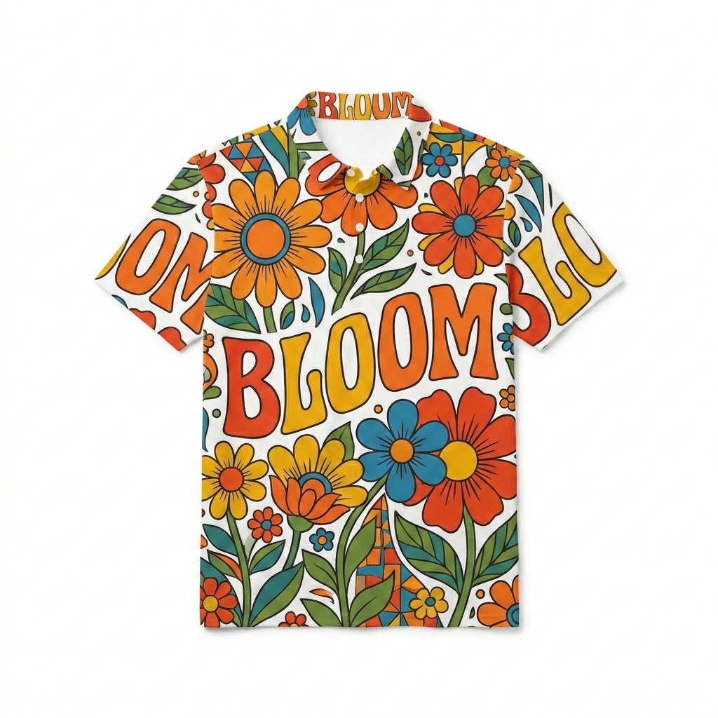 Custom All-Over Print Slim Fit Polo Shirt design direction 2: Retro-Inspired Floral Graphic featuring the BLOOM wordmark