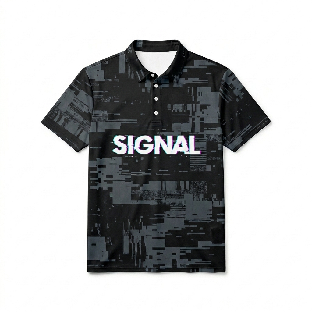 Custom All-Over Print Slim Fit Polo Shirt design direction 3: Digital Glitch Wordmark featuring the SIGNAL wordmark