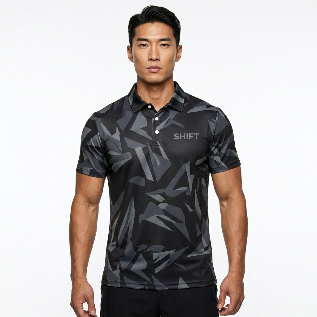 All-Over Print Slim Fit Polo Shirt worn by a athletic muscular East Asian male fashion influencer, editorial avant-garde styling, studio lookbook — custom all-over print slim fit polo shirt