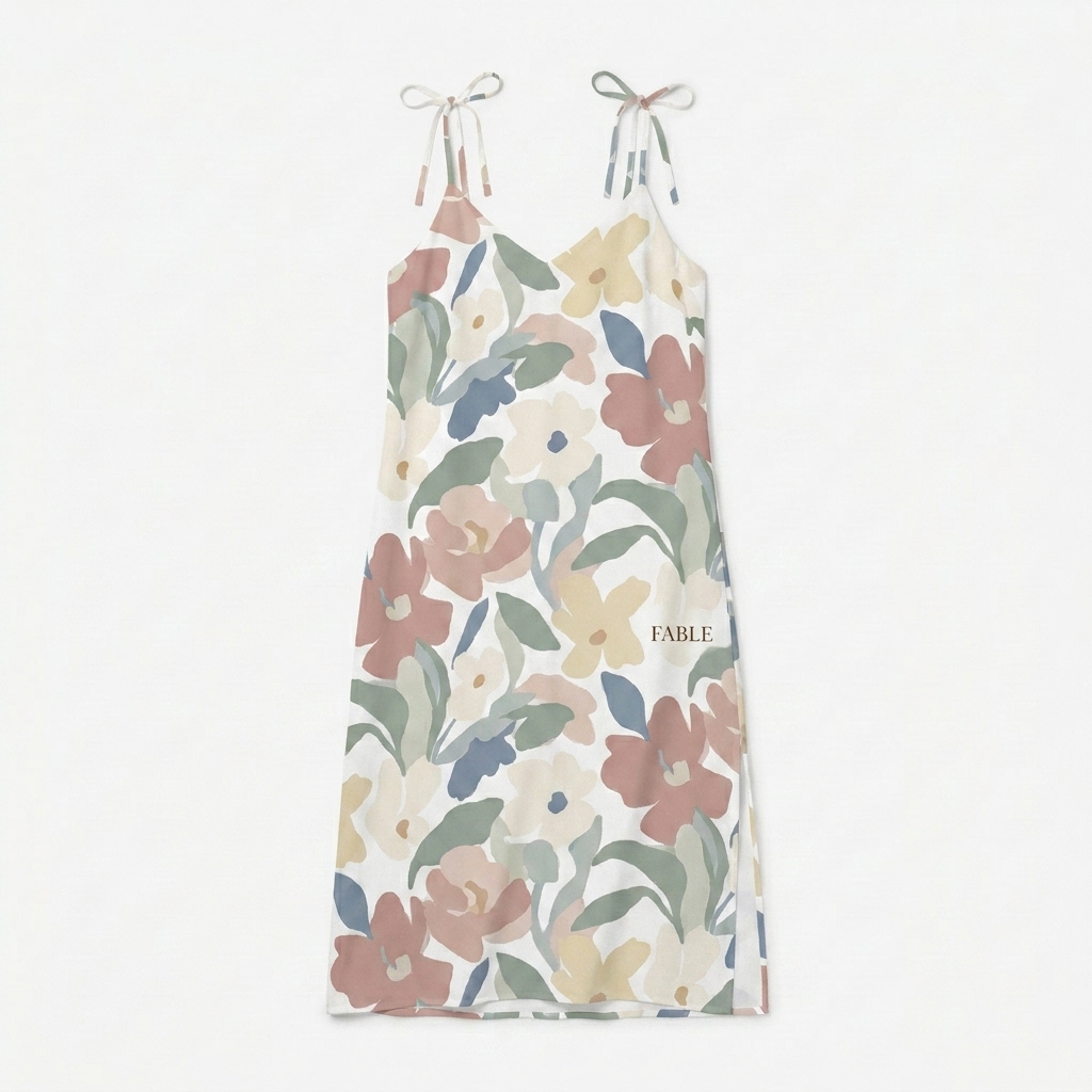 Custom All-Over Print Slip Dress design direction 1: Abstract Floral All-Over featuring the FABLE wordmark