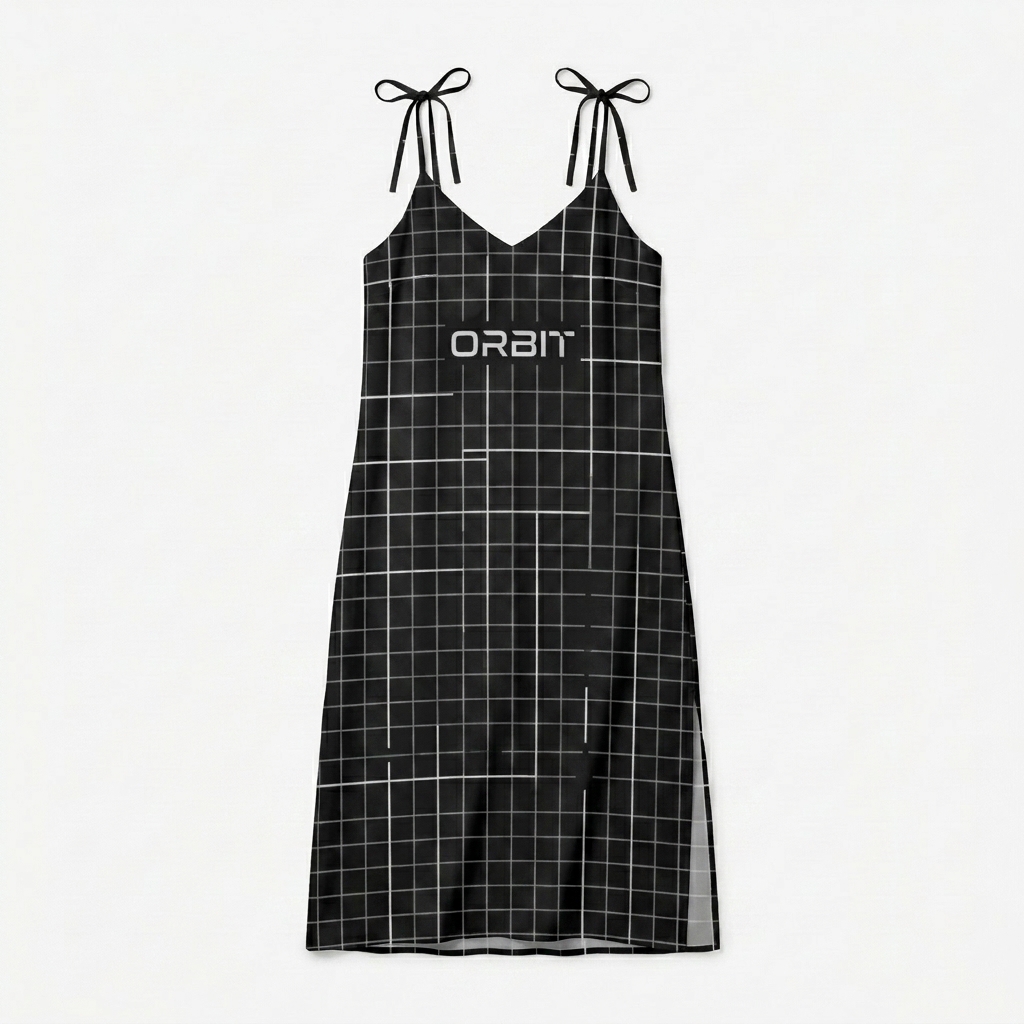 Custom All-Over Print Slip Dress design direction 2: Geometric Grid Pattern featuring the ORBIT wordmark