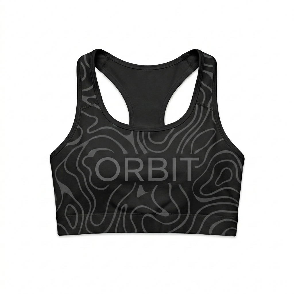Custom All-Over Print Sports Bra design direction 1: Abstract Organic Flow featuring the ORBIT wordmark