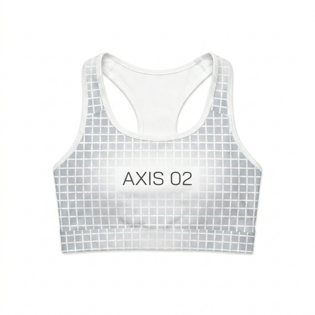 Custom All-Over Print Sports Bra design direction 2: Geometric Grid Energy featuring the AXIS 02 wordmark