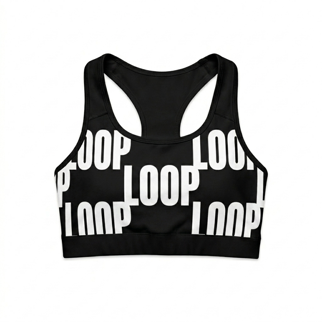 Custom All-Over Print Sports Bra design direction 3: Typography Repeat Statement featuring the LOOP wordmark