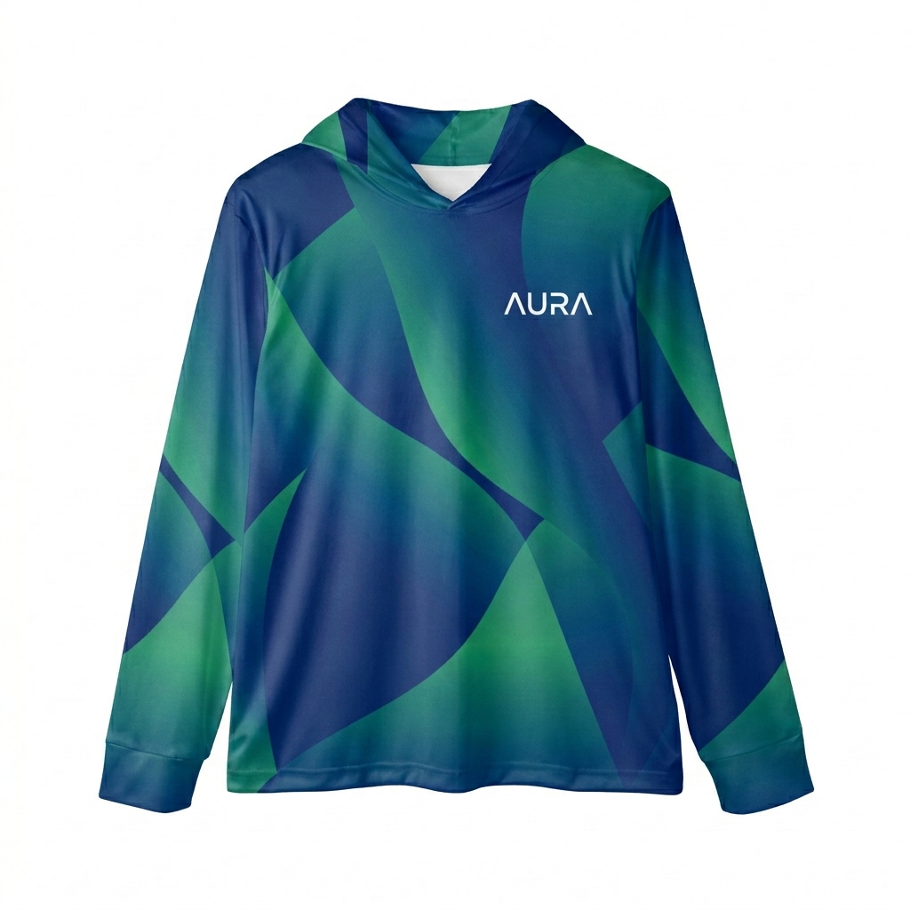 Custom All-Over Print Sports Warmup Hoodie design direction 1: Abstract Geometric Flow featuring the AURA wordmark