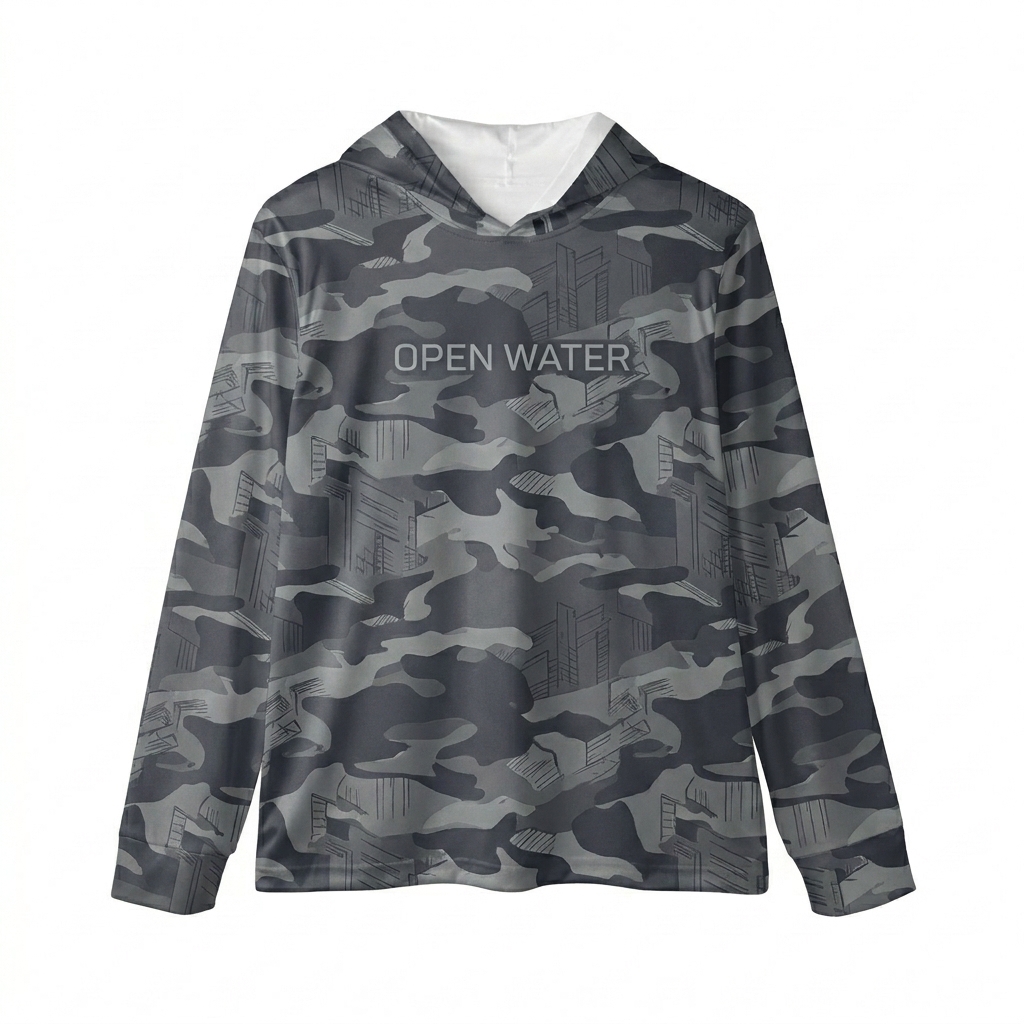 Custom All-Over Print Sports Warmup Hoodie design direction 2: Urban Camouflage featuring the OPEN WATER wordmark