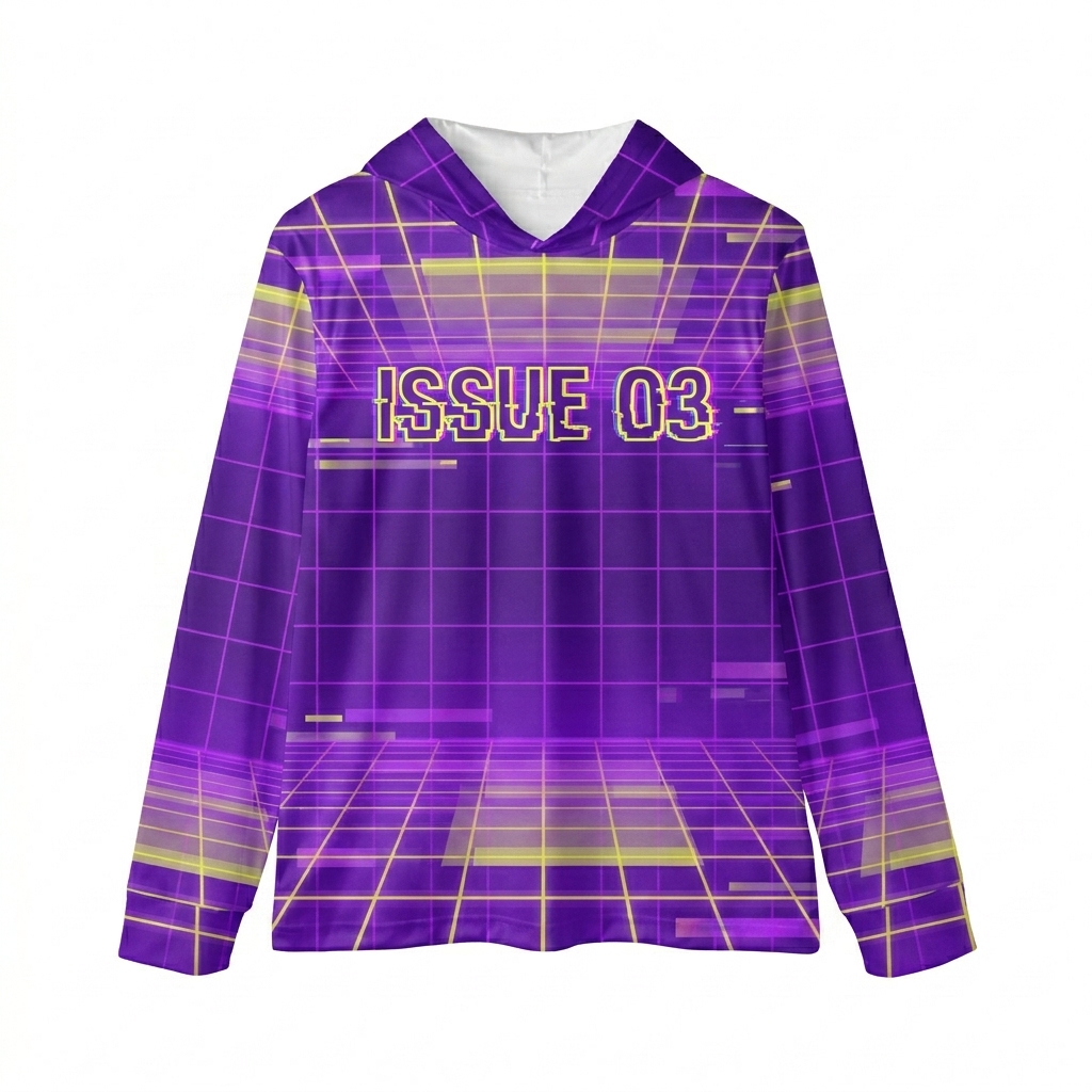 Custom All-Over Print Sports Warmup Hoodie design direction 3: Retro Tech Grid featuring the ISSUE 03 wordmark