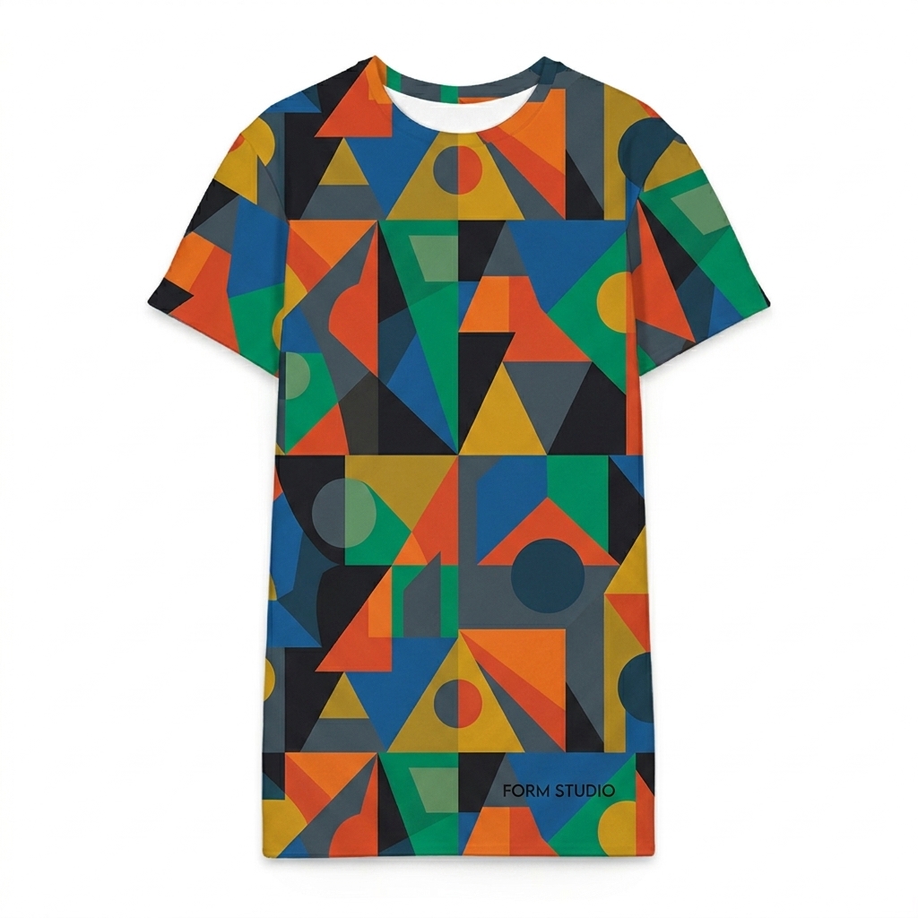 Custom All-Over Print T-Shirt Dress design direction 2: Abstract Geometric Pattern featuring the FORM STUDIO wordmark