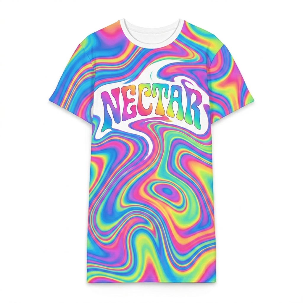 Custom All-Over Print T-Shirt Dress design direction 3: Psychedelic Swirl Gradient featuring the NECTAR wordmark