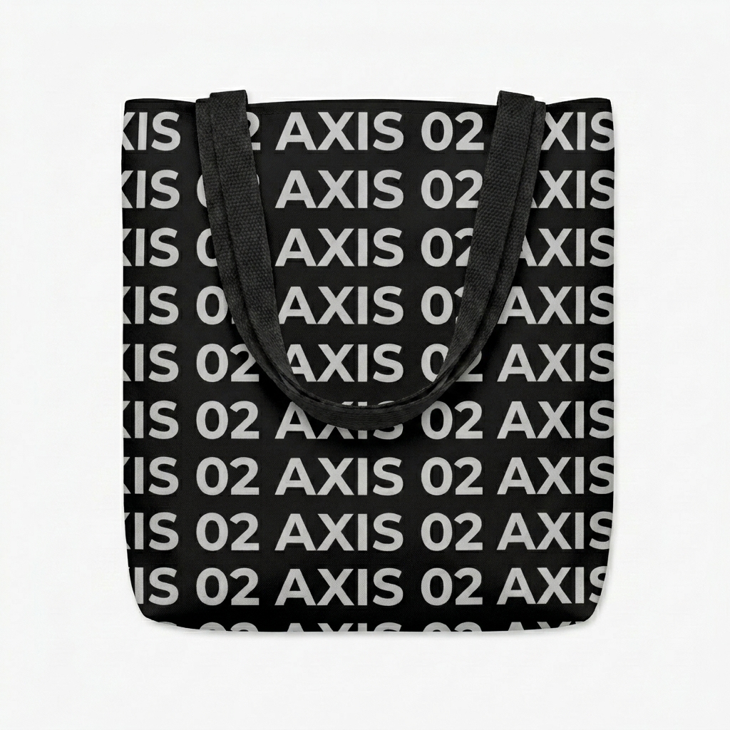Custom All-Over Print Tote Bag design direction 1: Abstract Geo-Flow featuring the AXIS 02 wordmark