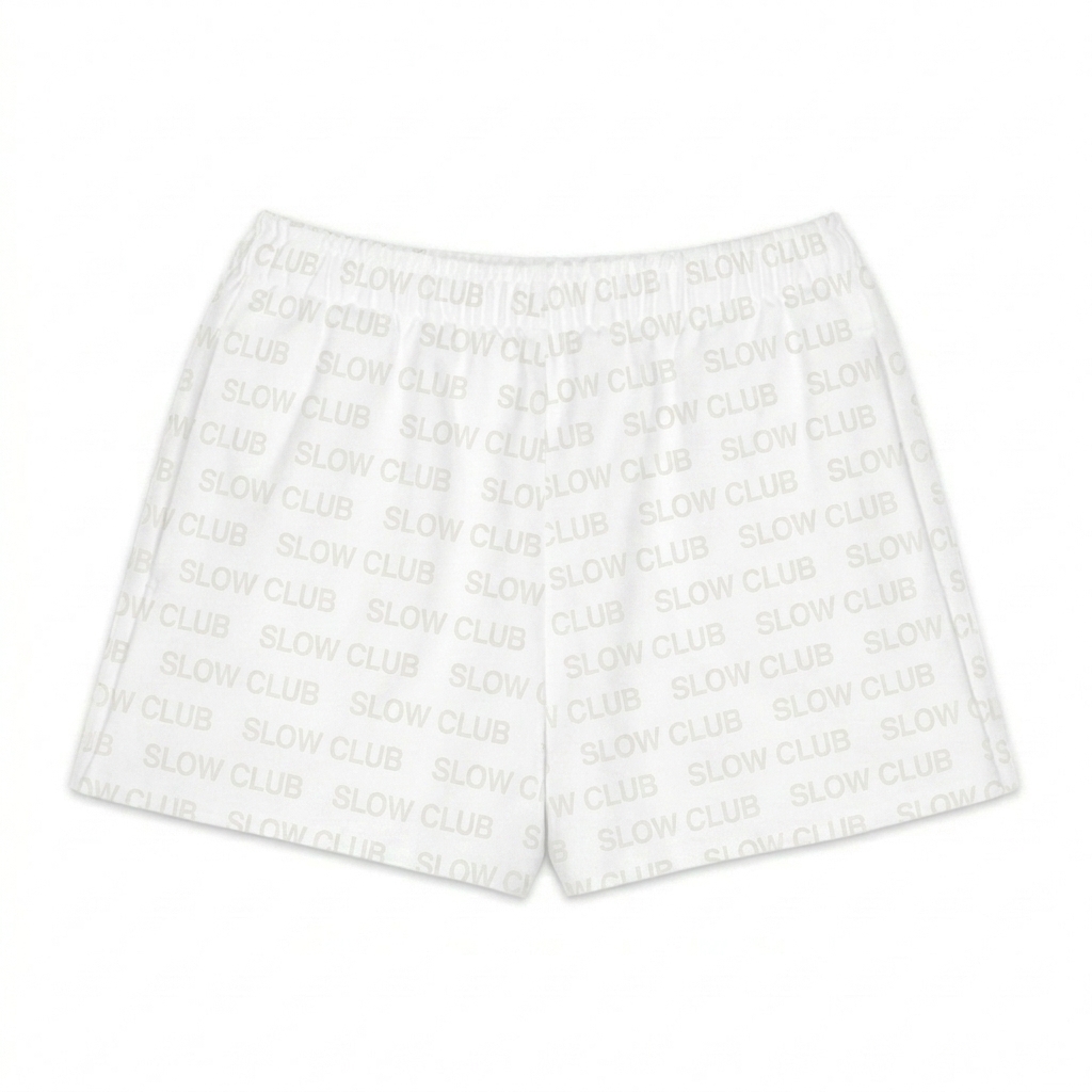 Custom All-Over Print Unisex Cotton Shorts design direction 1: Minimalist Wordmark Pattern featuring the SLOW CLUB wordmark