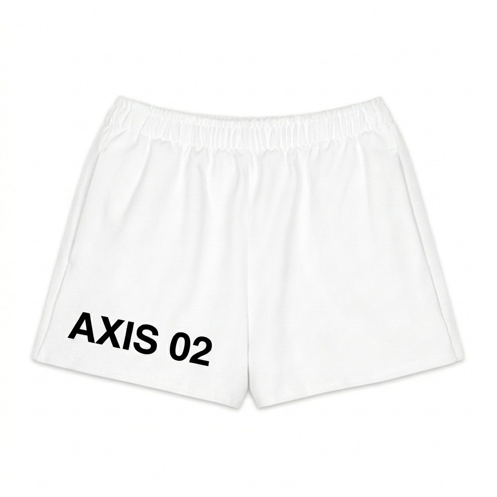 Custom All-Over Print Unisex Cotton Shorts design direction 3: Geometric Grid Pattern featuring the AXIS 02 wordmark