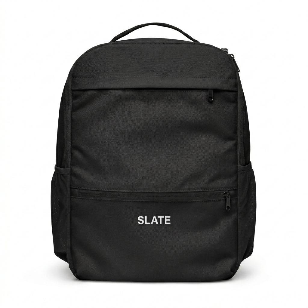 Custom All-Over Print Utility Backpack design direction 1: Tonal Minimalist Wordmark featuring the SLATE wordmark