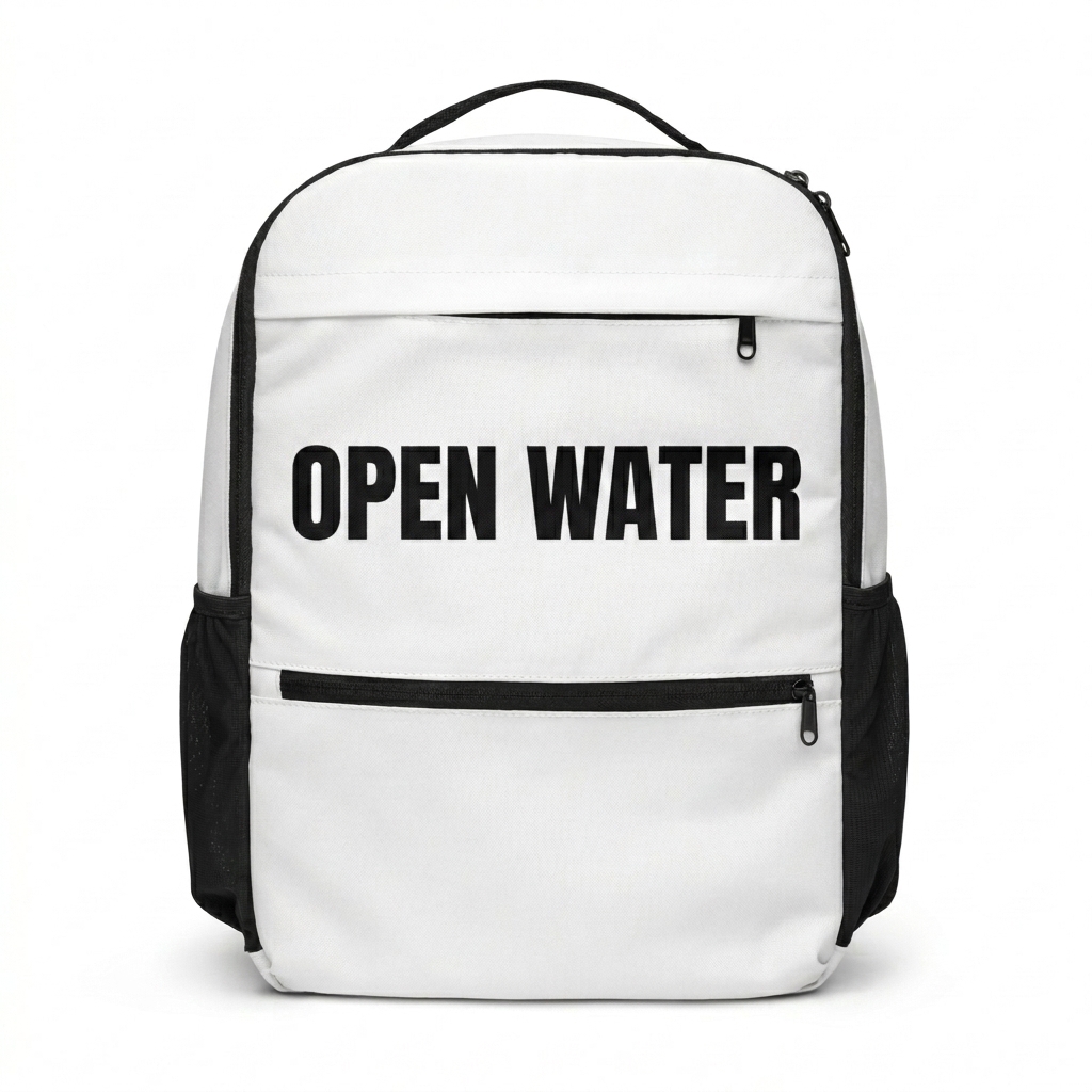 Custom All-Over Print Utility Backpack design direction 2: Bold Abstract Graphic featuring the OPEN WATER wordmark