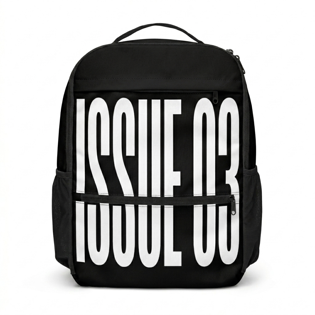 Custom All-Over Print Utility Backpack design direction 3: Deconstructed Typography featuring the ISSUE 03 wordmark