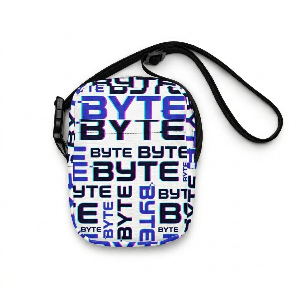 Custom All-Over Print Utility Crossbody Bag design direction 1: Retro Tech Grid featuring the BYTE wordmark